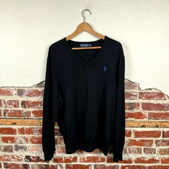 Polo Golf Ralph Lauren Sweater Size XL Black Merino Wool V Neck Pullover Pony - Picture 1 of 6